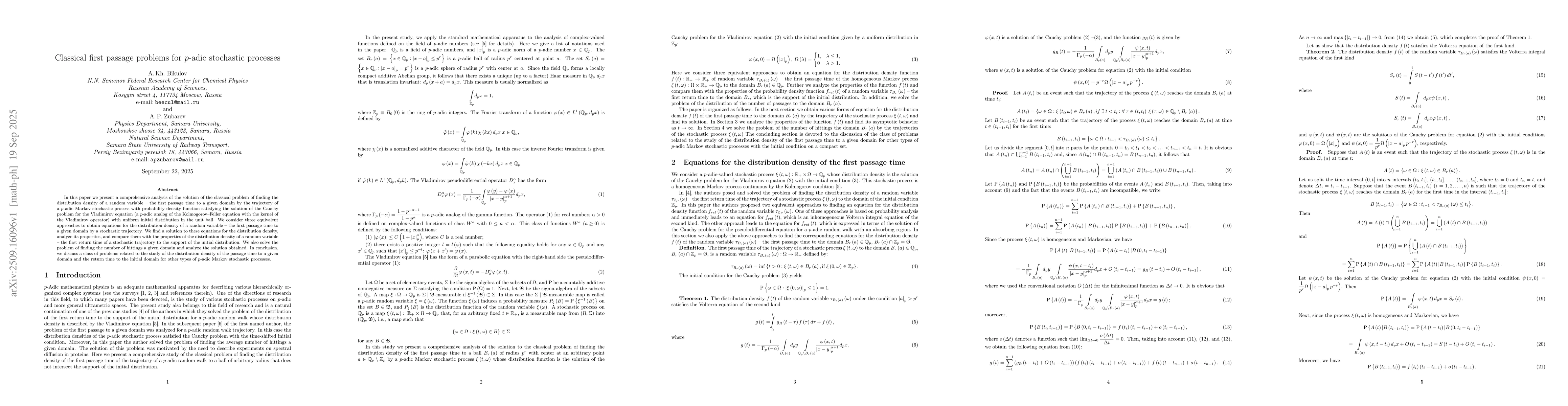 Thumbnail for Classical first passage problems for $p$-adic stochastic processes