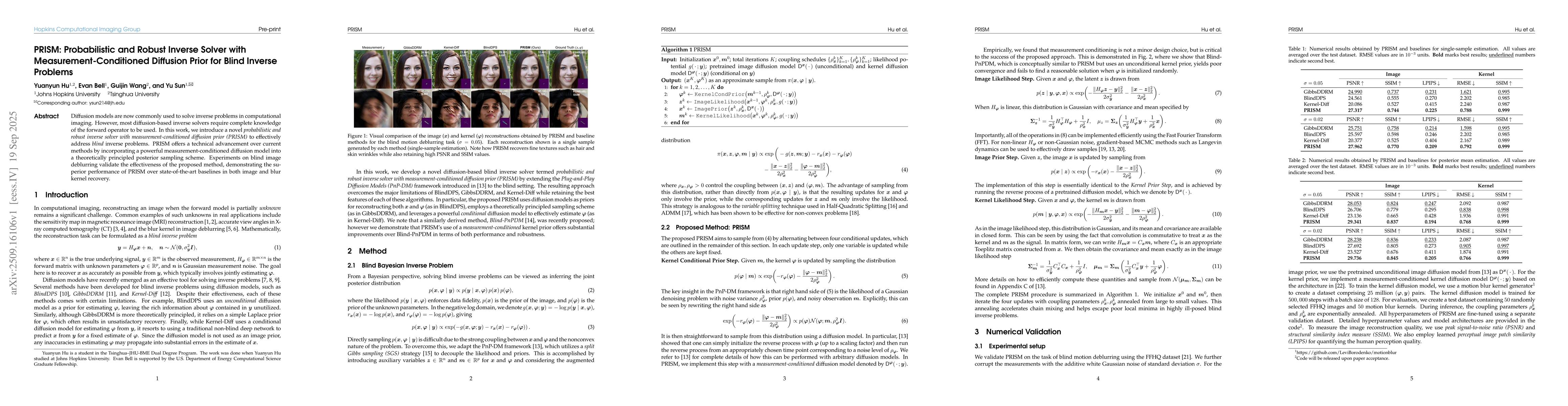 Thumbnail for PRISM: Probabilistic and Robust Inverse Solver with
  Measurement-Conditioned Diffusion Prior for Blind Inverse Problems
