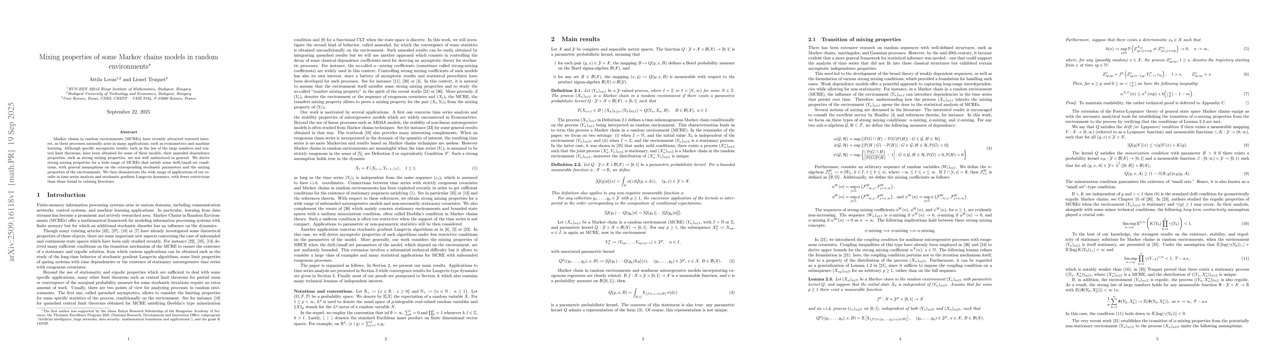 Thumbnail for Mixing properties of some Markov chains models in random environments