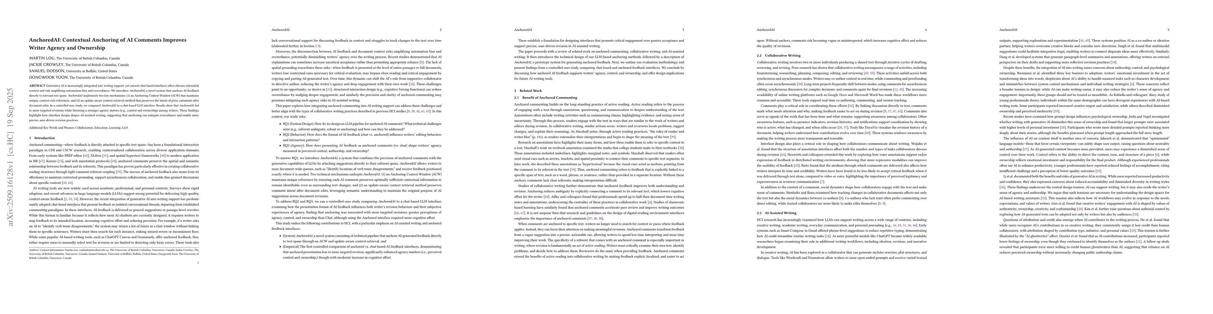 Thumbnail for AnchoredAI: Contextual Anchoring of AI Comments Improves Writer Agency
  and Ownership