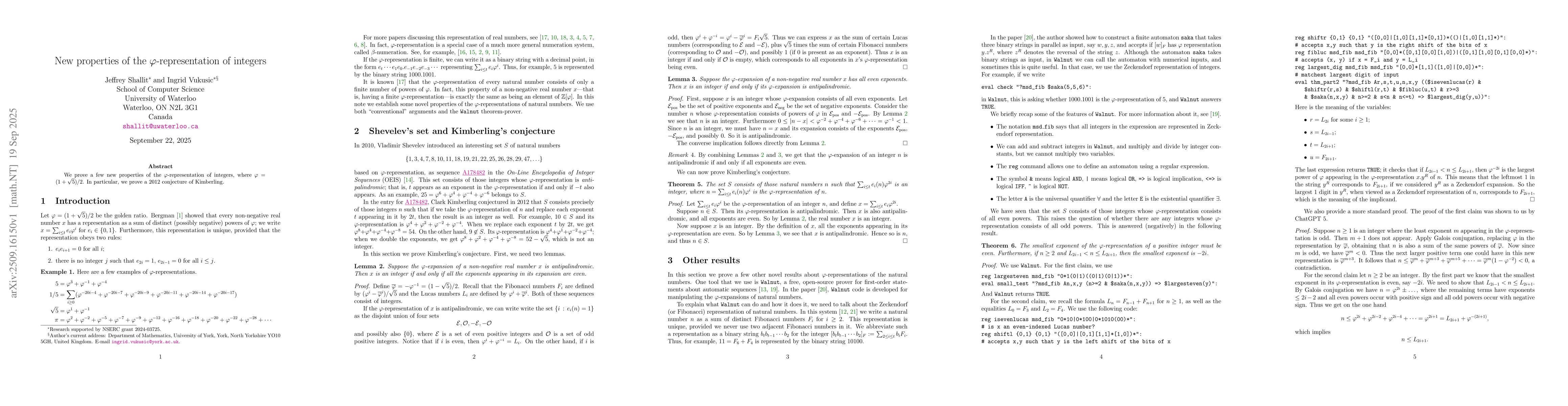Thumbnail for New properties of the $\varphi$-representation of integers