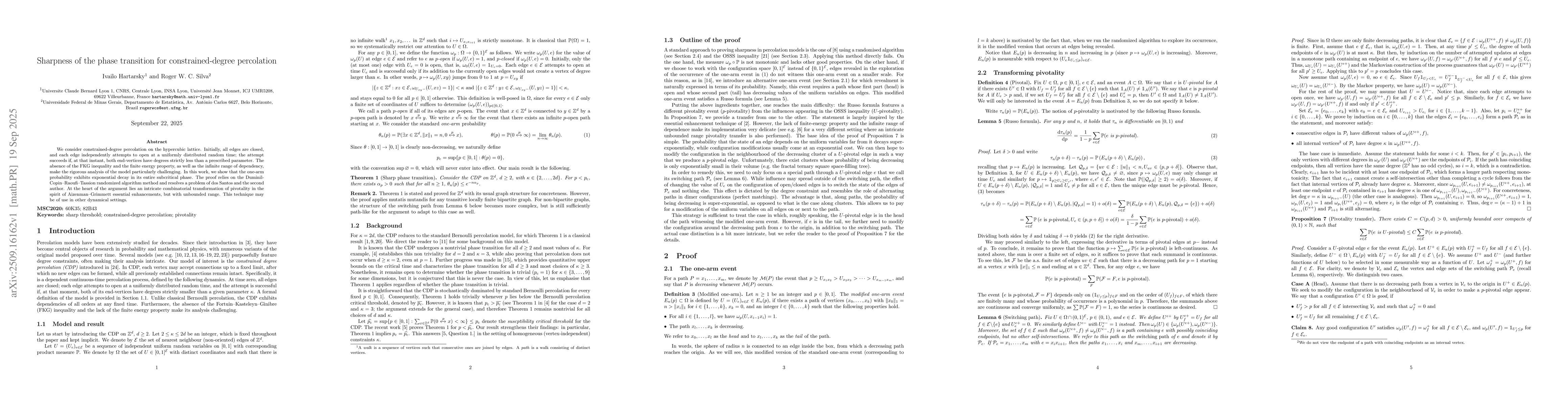 Thumbnail for Sharpness of the phase transition for constrained-degree percolation