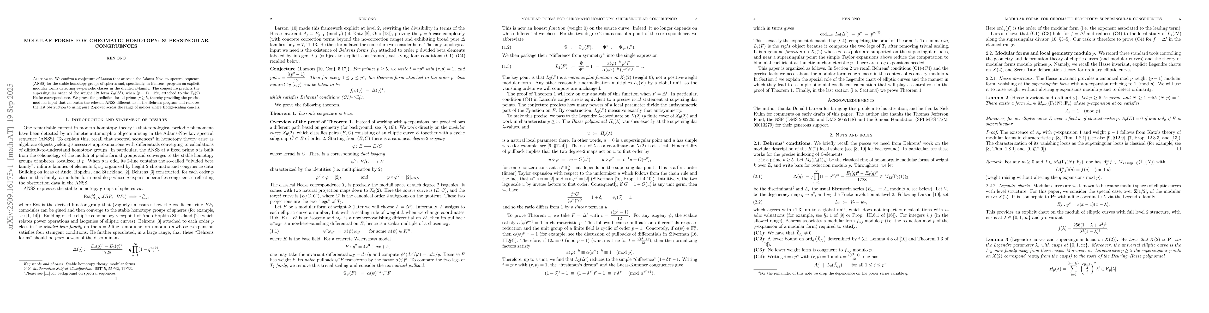 Thumbnail for Modular forms for chromatic homotopy: Supersingular congruences