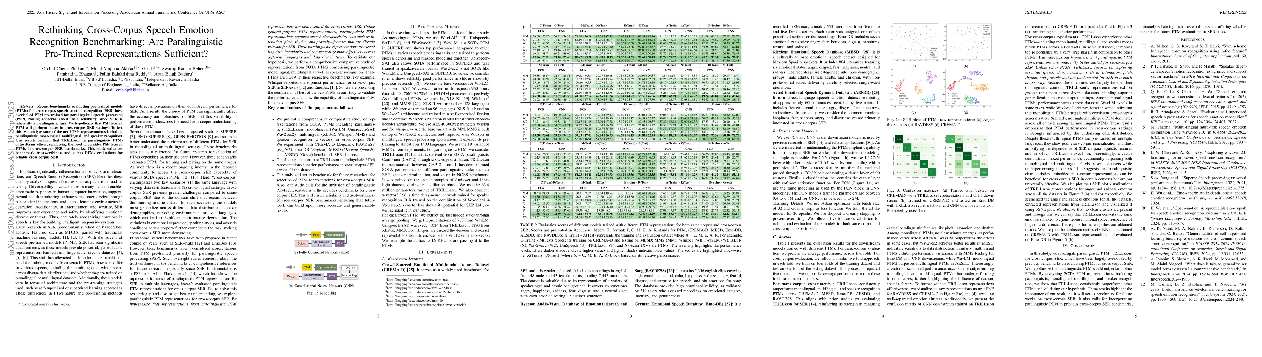Thumbnail for Rethinking Cross-Corpus Speech Emotion Recognition Benchmarking: Are
  Paralinguistic Pre-Trained Representations Sufficient?