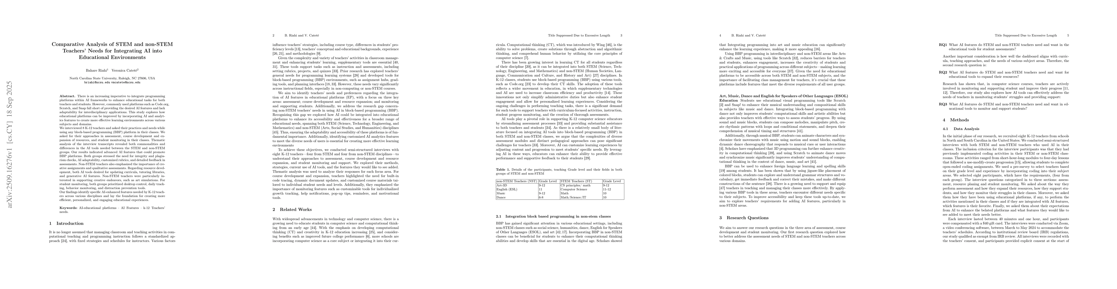 Thumbnail for Comparative Analysis of STEM and non-STEM Teachers' Needs for
  Integrating AI into Educational Environments