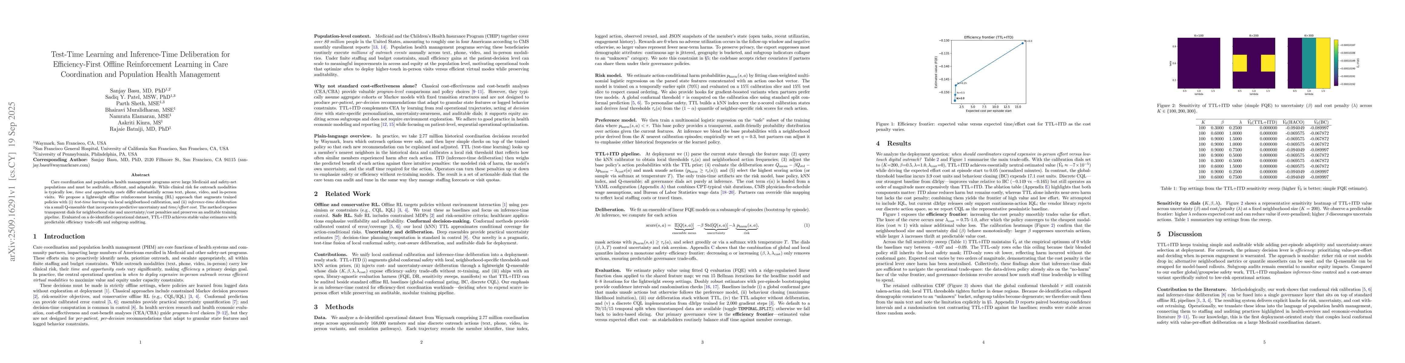 Thumbnail for Test-Time Learning and Inference-Time Deliberation for Efficiency-First
  Offline Reinforcement Learning in Care Coordination and Population Health
  Management