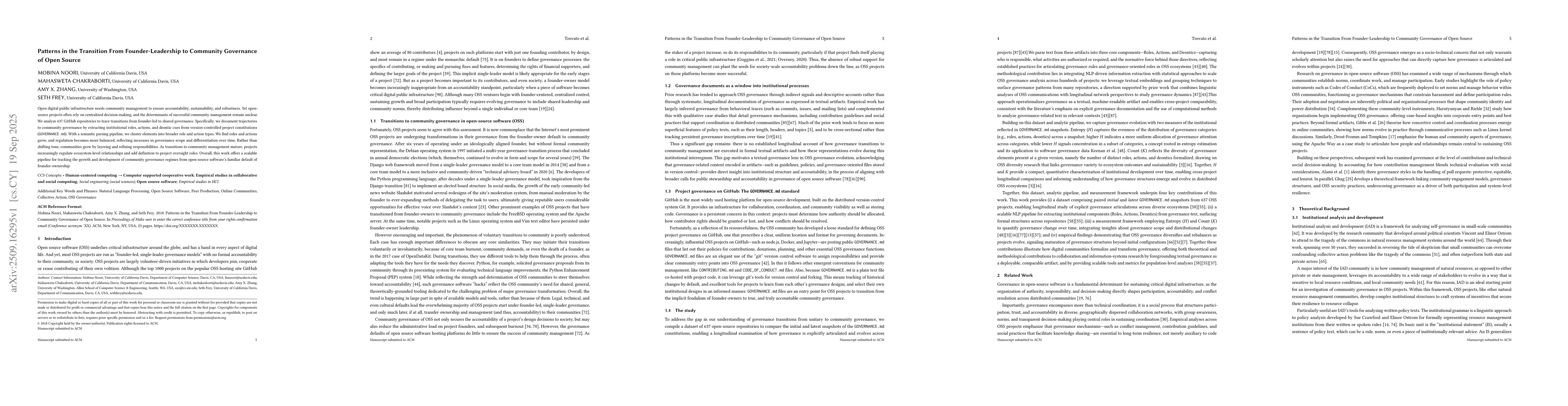 Thumbnail for Patterns in the Transition From Founder-Leadership to Community
  Governance of Open Source