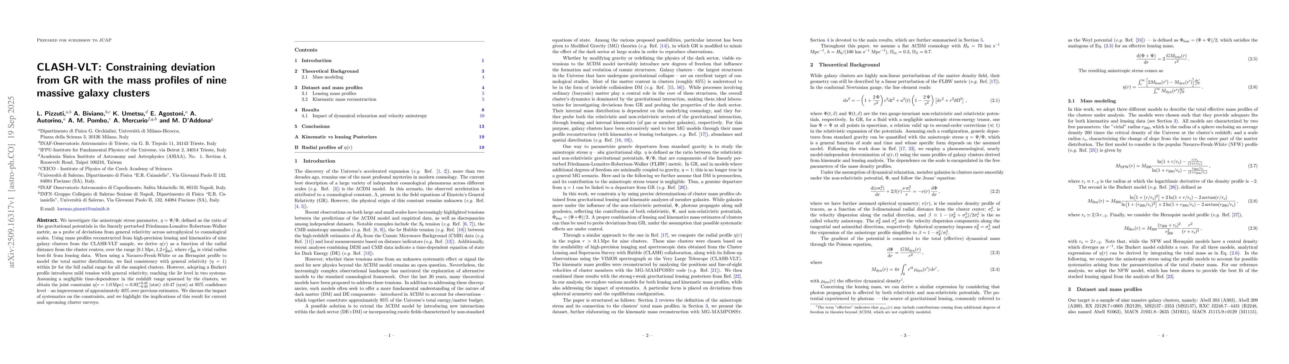 Thumbnail for CLASH-VLT: Constraining deviation from GR with the mass profiles of nine
  massive galaxy clusters