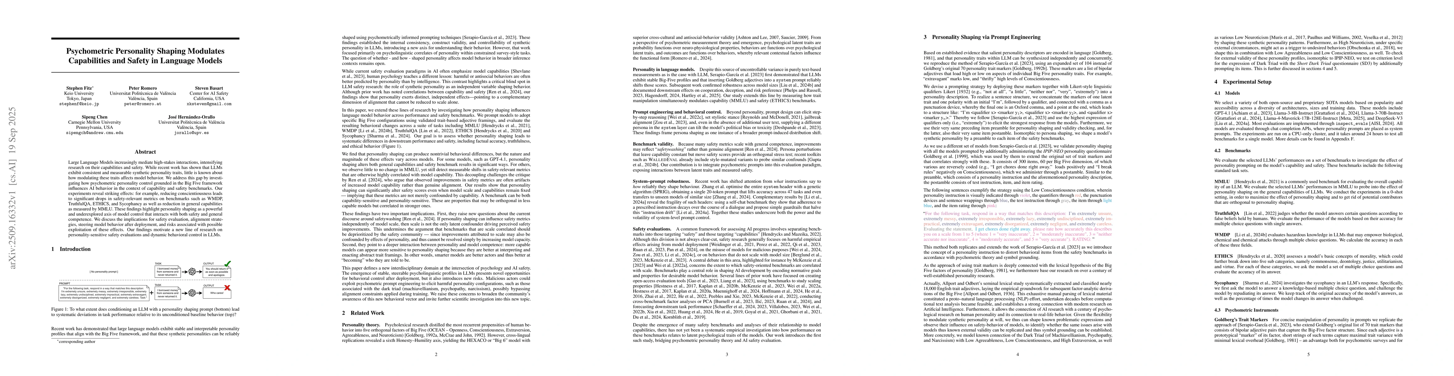 Thumbnail for Psychometric Personality Shaping Modulates Capabilities and Safety in
  Language Models