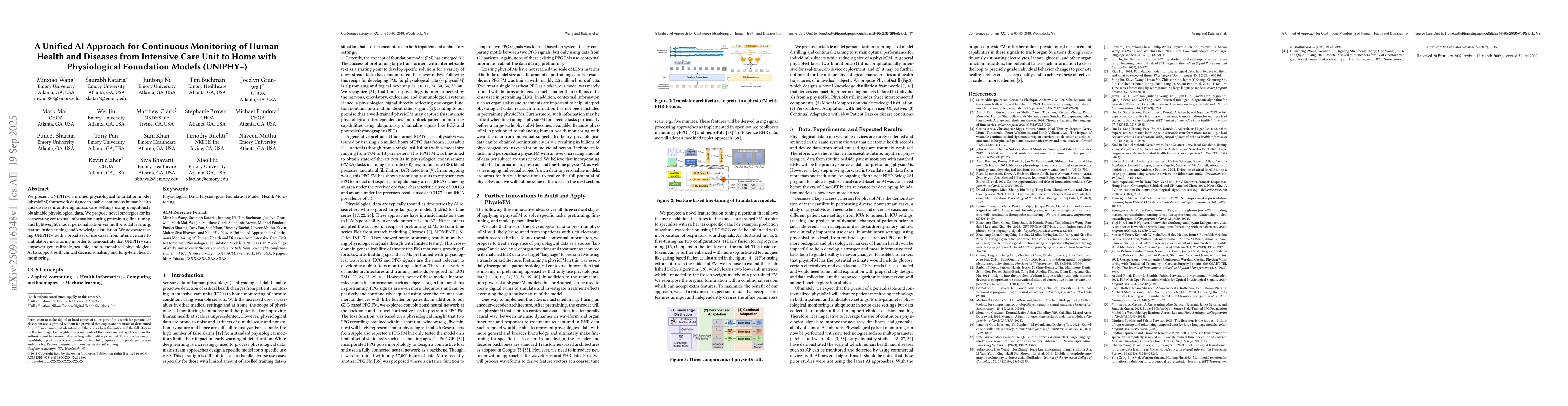 Thumbnail for A Unified AI Approach for Continuous Monitoring of Human Health and
  Diseases from Intensive Care Unit to Home with Physiological Foundation
  Models (UNIPHY+)