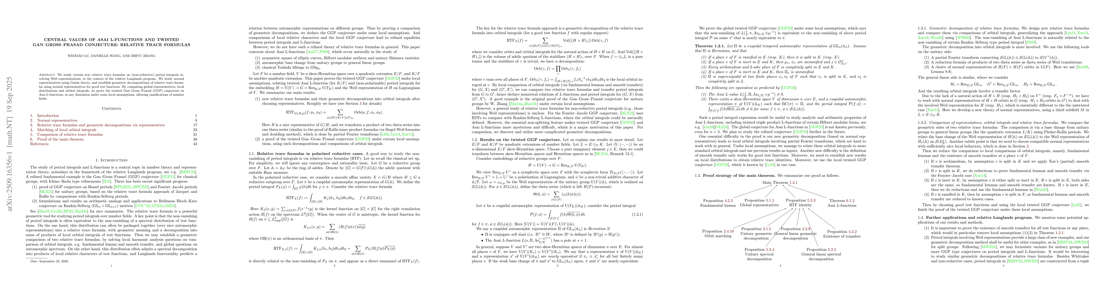 Thumbnail for Central values of Asai L-functions and twisted Gan--Gross--Prasad
  conjecture: relative trace formulas