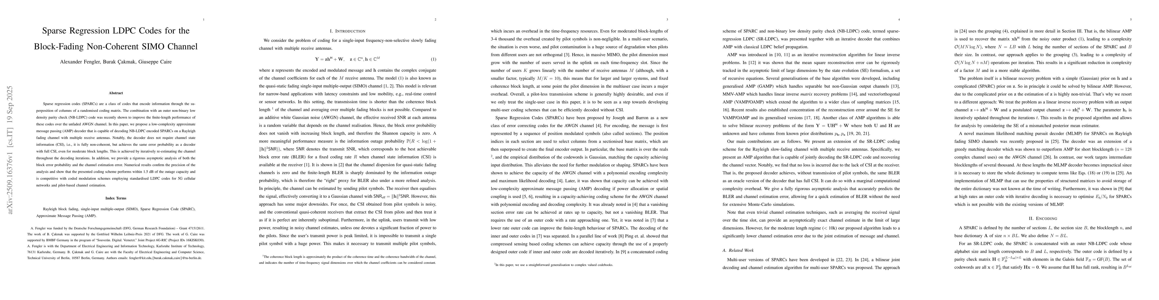 Thumbnail for Sparse Regression LDPC Codes for the Block-Fading Non-Coherent SIMO
  Channel