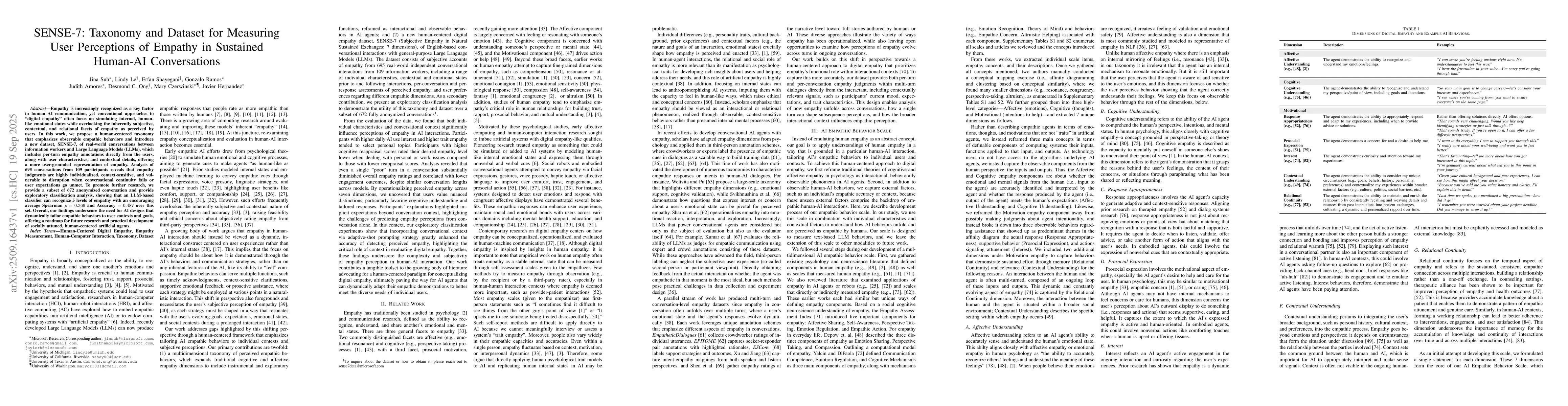 Thumbnail for SENSE-7: Taxonomy and Dataset for Measuring User Perceptions of Empathy
  in Sustained Human-AI Conversations