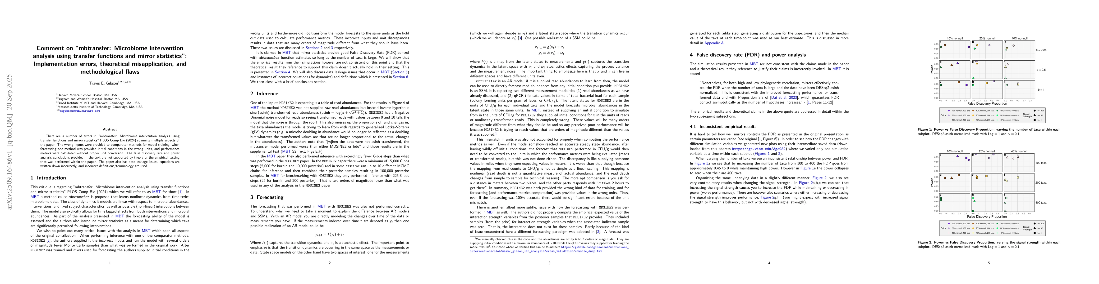 Thumbnail for Comment on "mbtransfer: Microbiome intervention analysis using transfer
  functions and mirror statistics": Implementation errors, theoretical
  misapplication, and methodological flaws