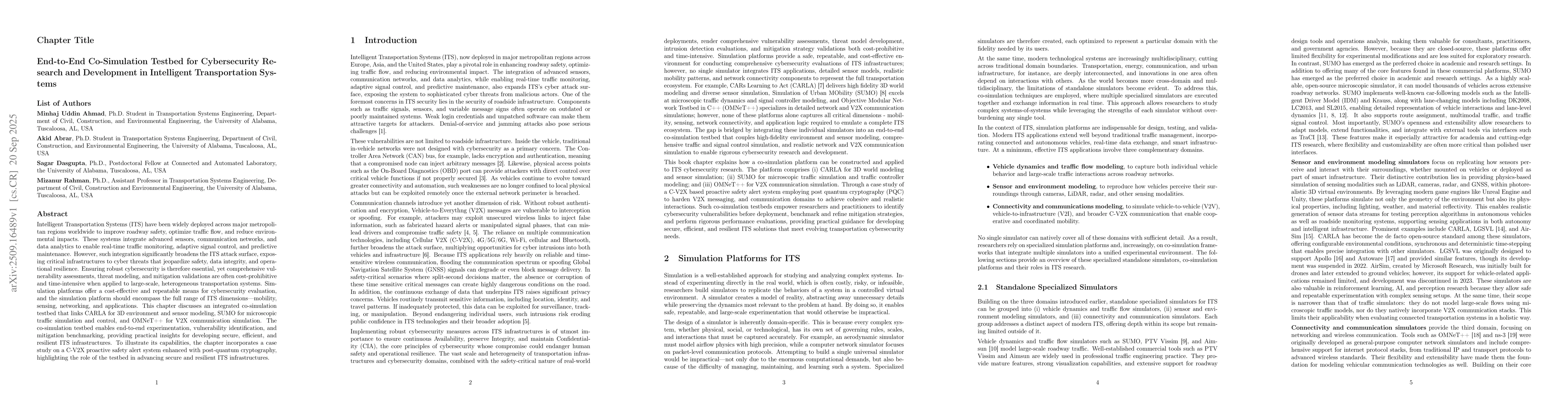 Thumbnail for End-to-End Co-Simulation Testbed for Cybersecurity Research and
  Development in Intelligent Transportation Systems