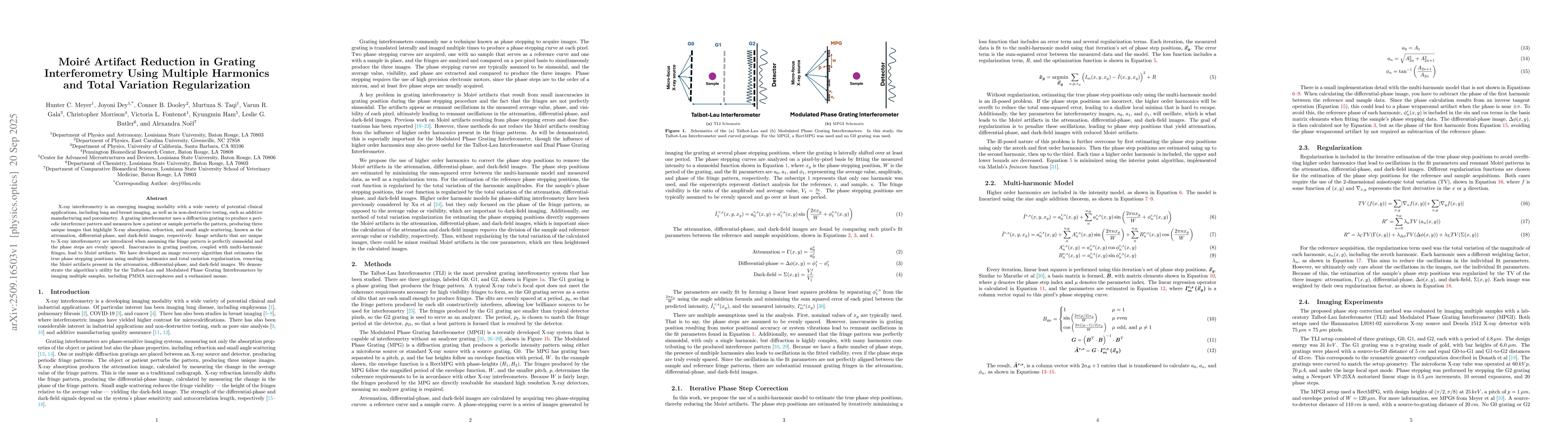 Thumbnail for Moire Artifact Reduction in Grating Interferometry Using Multiple
  Harmonics and Total Variation Regularization