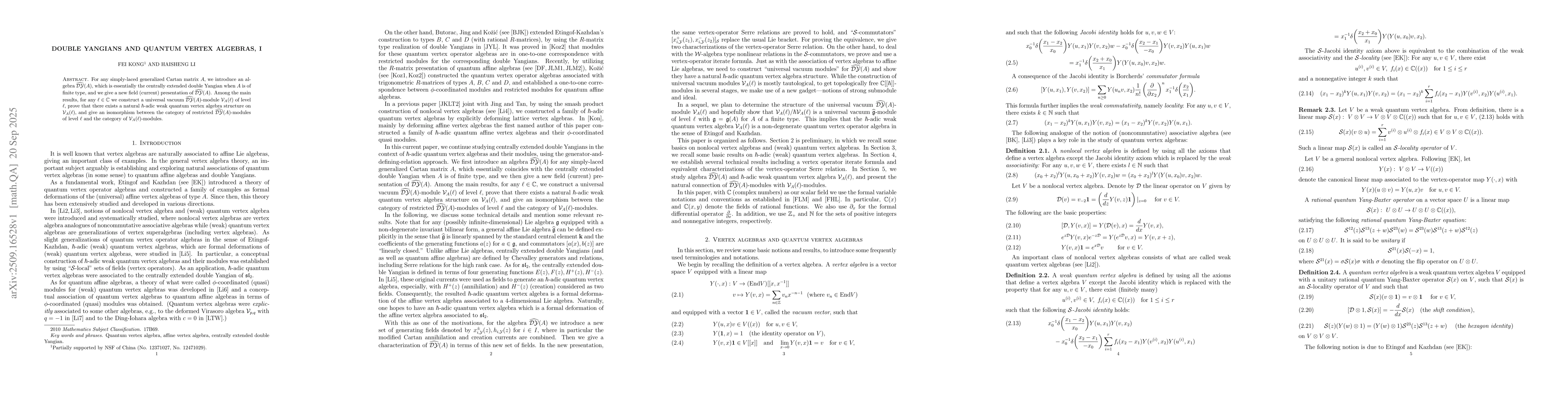 Thumbnail for Double Yangians and quantum vertex algebras, I