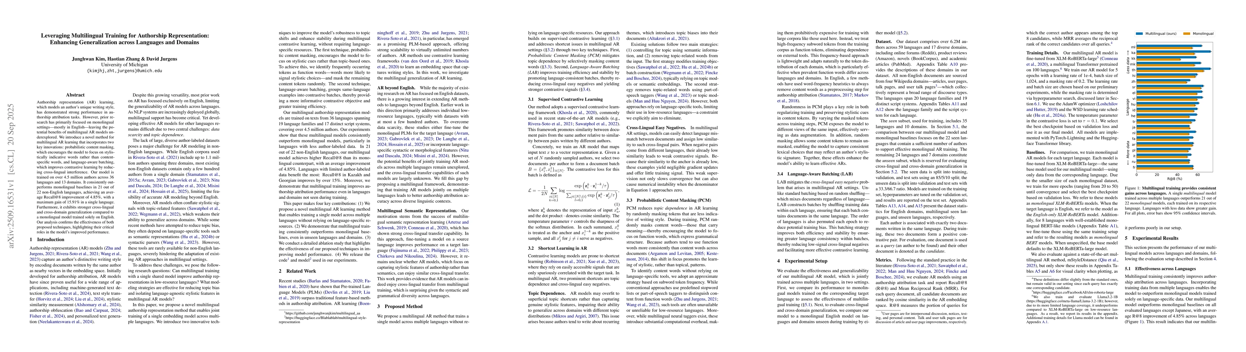 Thumbnail for Leveraging Multilingual Training for Authorship Representation:
  Enhancing Generalization across Languages and Domains