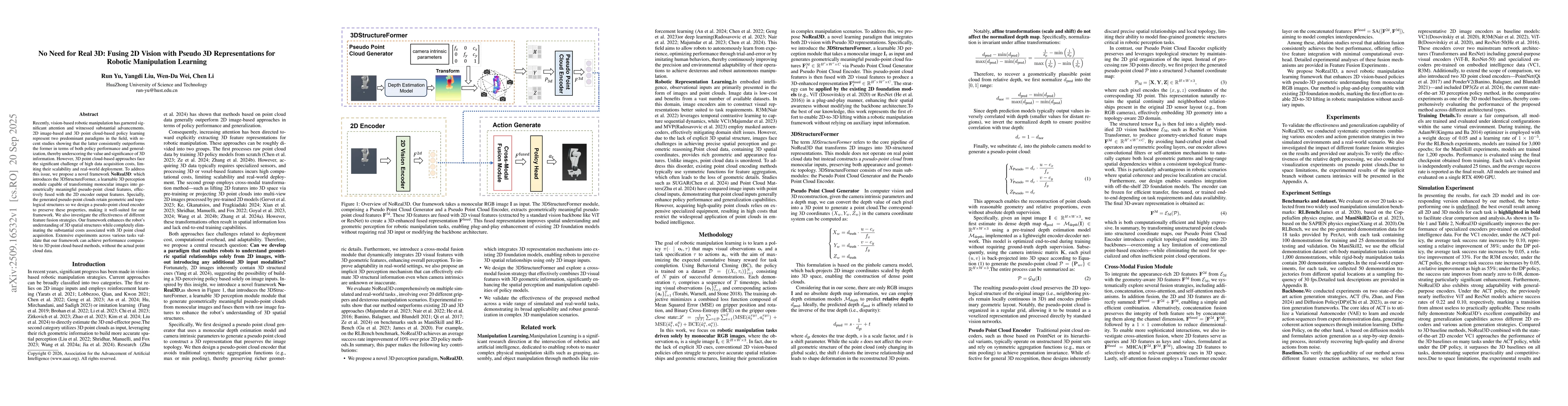 Thumbnail for No Need for Real 3D: Fusing 2D Vision with Pseudo 3D Representations for
  Robotic Manipulation Learning