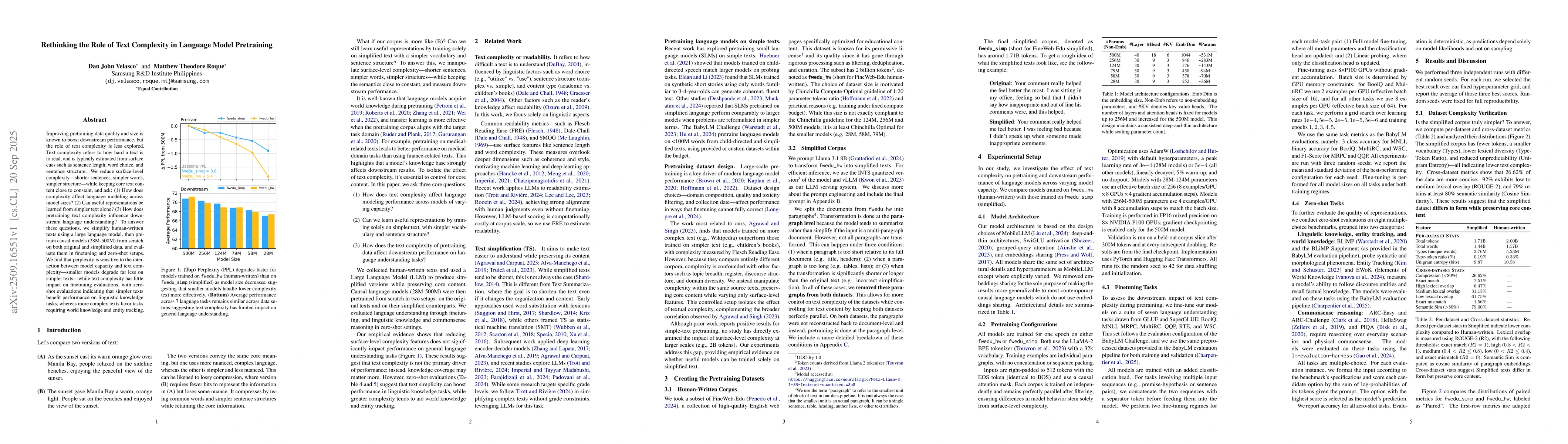 Thumbnail for Rethinking the Role of Text Complexity in Language Model Pretraining