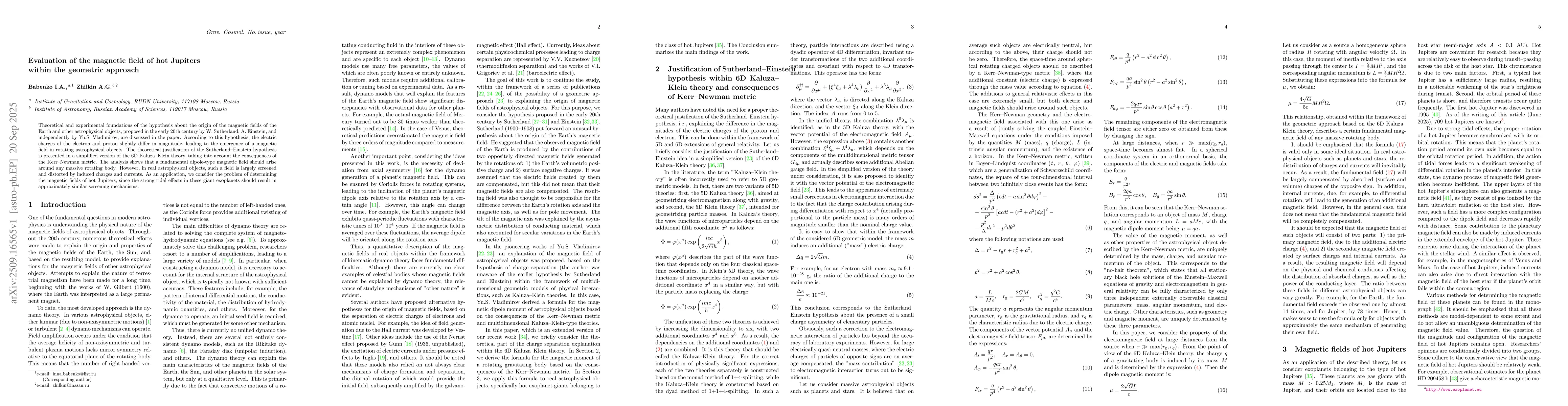 Thumbnail for Evaluation of the magnetic field of hot Jupiters within the geometric
  approach