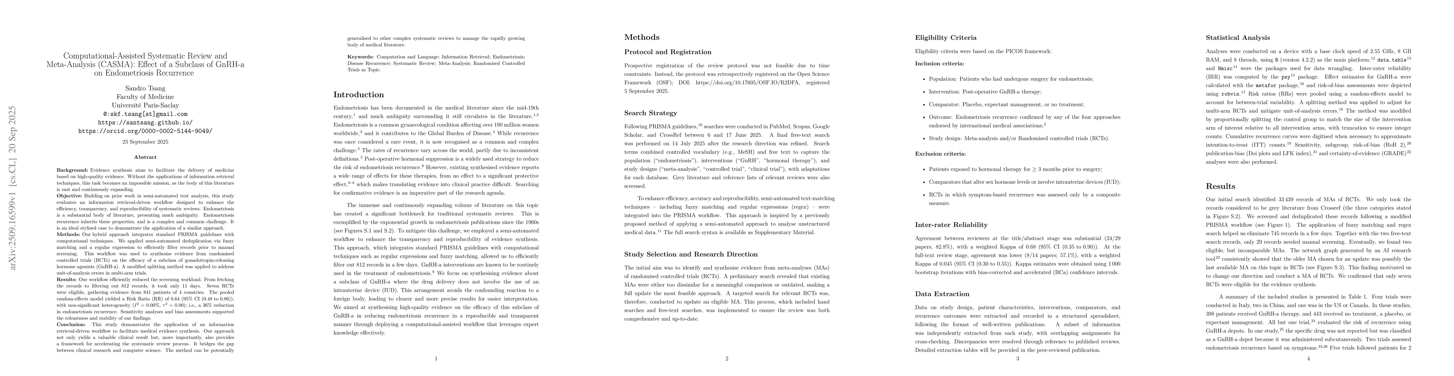 Thumbnail for Computational-Assisted Systematic Review and Meta-Analysis (CASMA):
  Effect of a Subclass of GnRH-a on Endometriosis Recurrence
