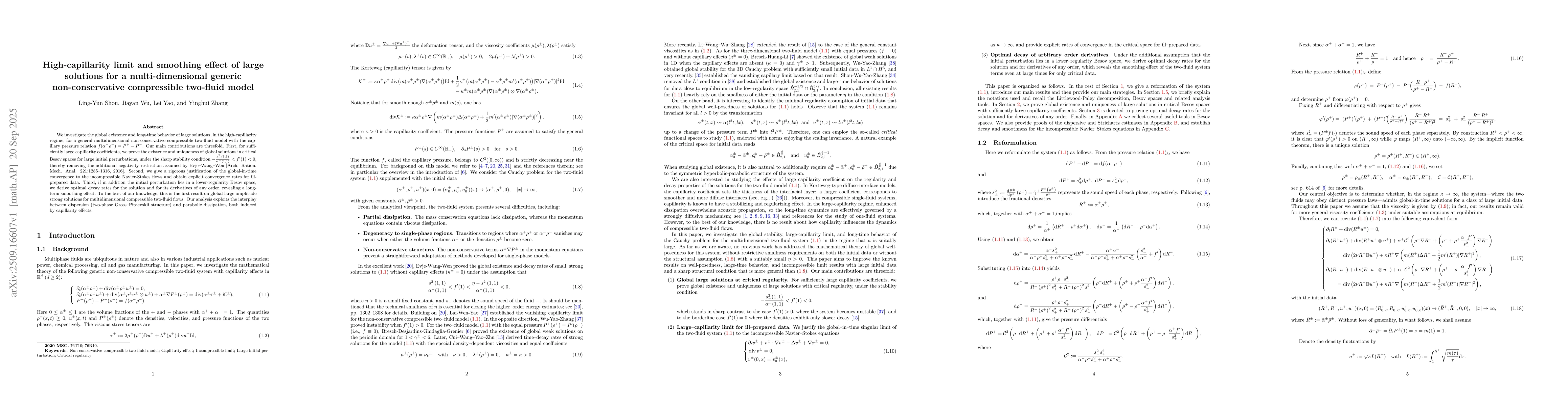 Thumbnail for High-capillarity limit and smoothing effect of large solutions for a
  multi-dimensional generic non-conservative compressible two-fluid model