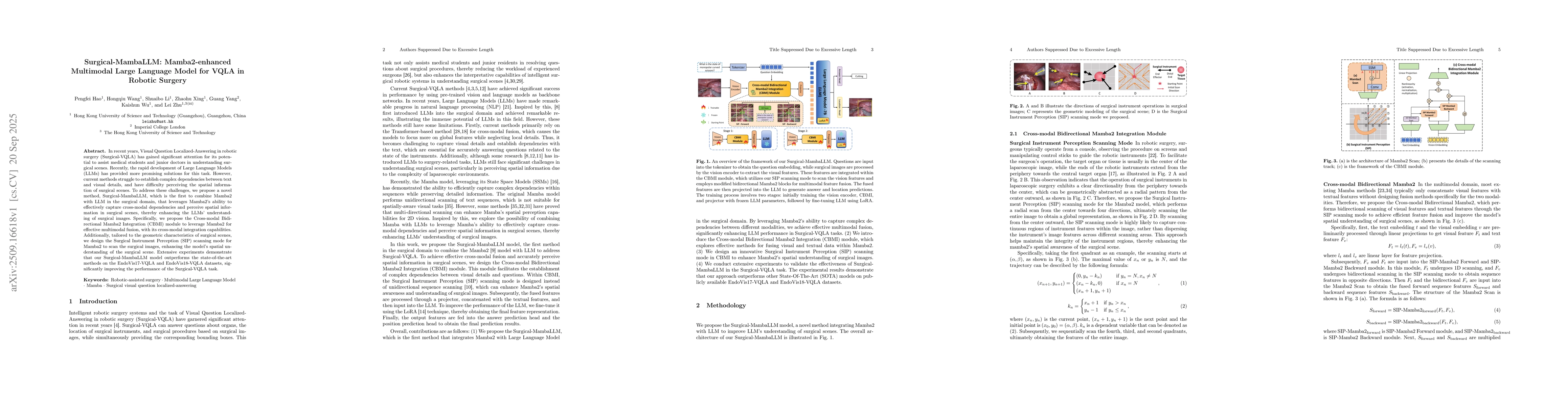 Thumbnail for Surgical-MambaLLM: Mamba2-enhanced Multimodal Large Language Model for
  VQLA in Robotic Surgery