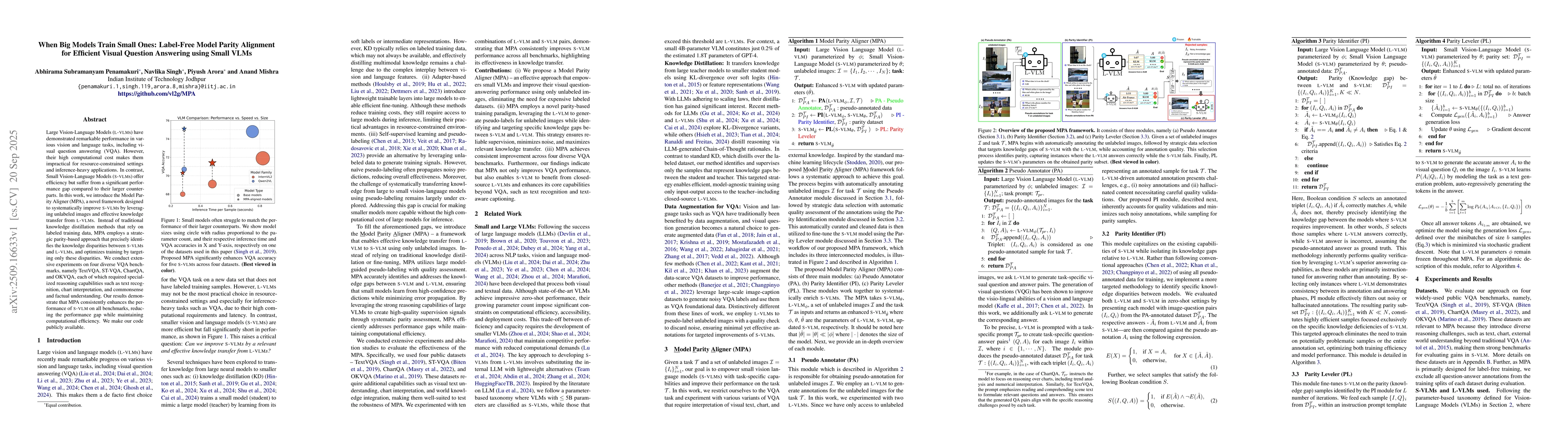 Thumbnail for When Big Models Train Small Ones: Label-Free Model Parity Alignment for
  Efficient Visual Question Answering using Small VLMs