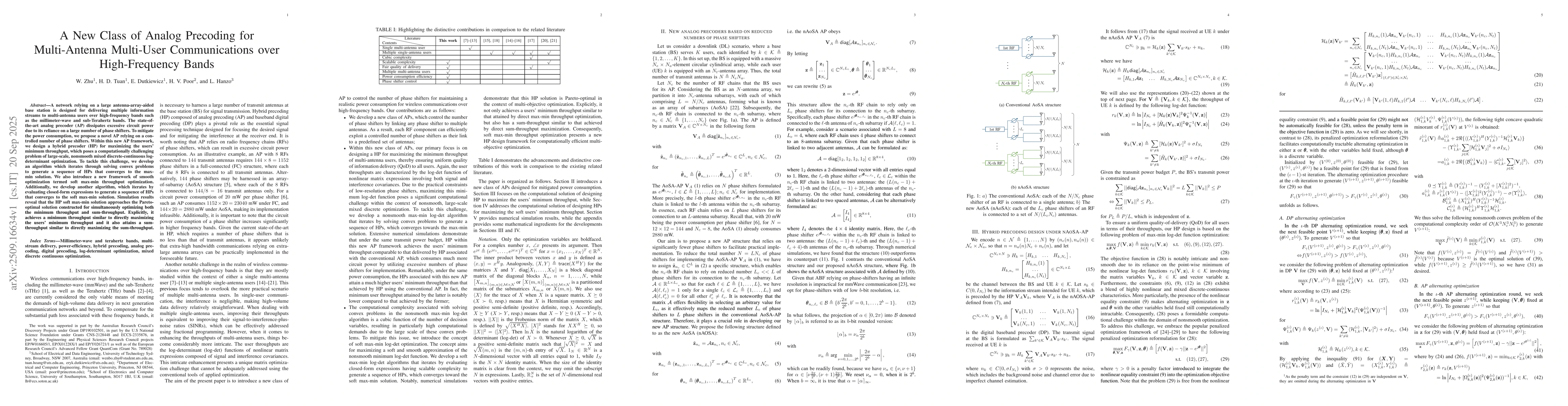 Thumbnail for A New Class of Analog Precoding for Multi-Antenna Multi-User
  Communications over High-Frequency Bands