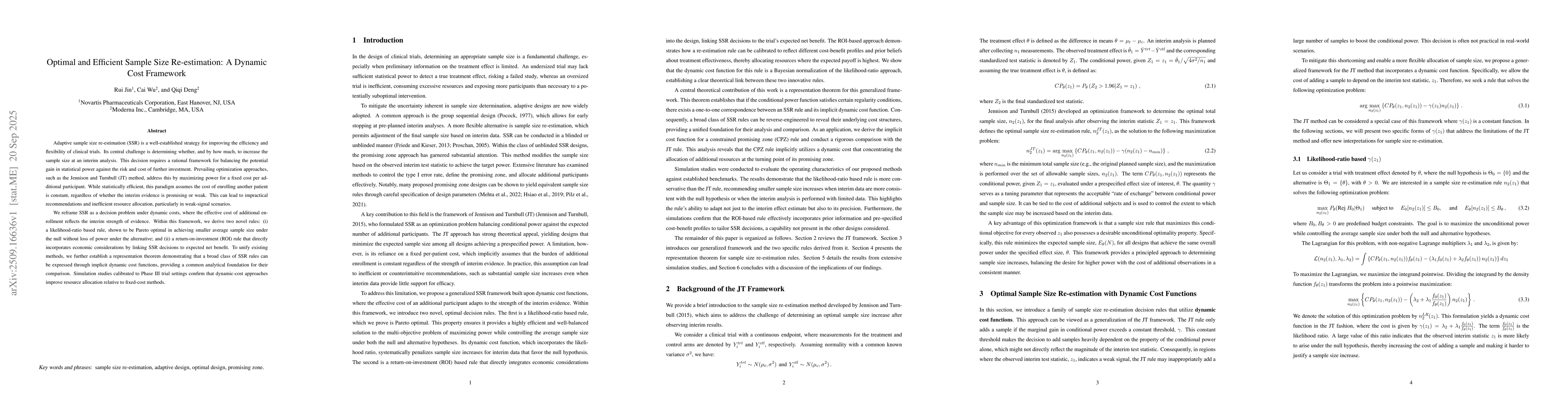 Thumbnail for Optimal and Efficient Sample Size Re-estimation: A Dynamic Cost
  Framework