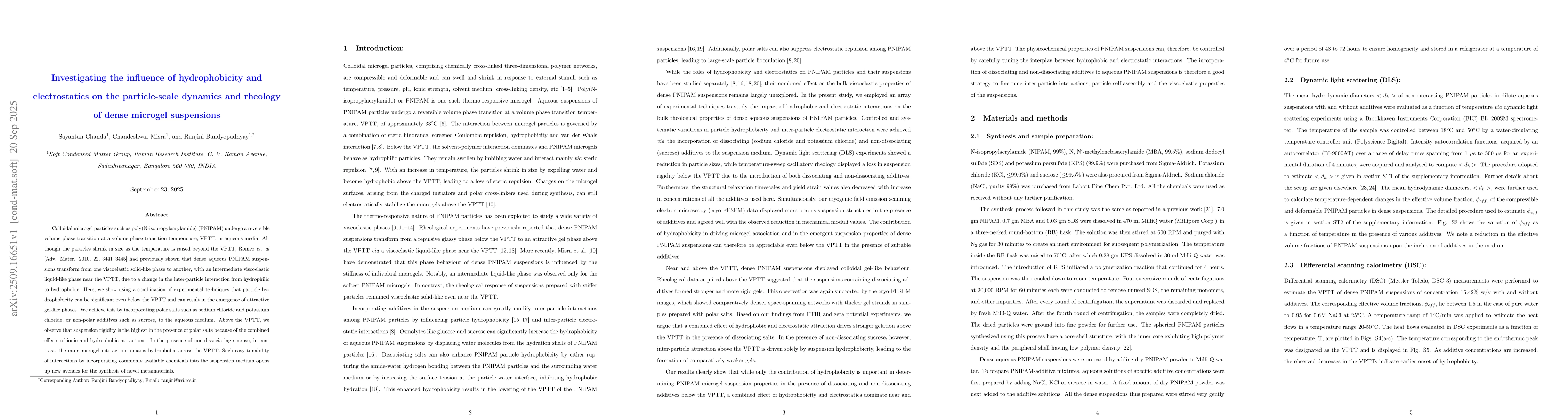 Thumbnail for Investigating the influence of hydrophobicity and electrostatics on the
  particle-scale dynamics and rheology of dense microgel suspensions