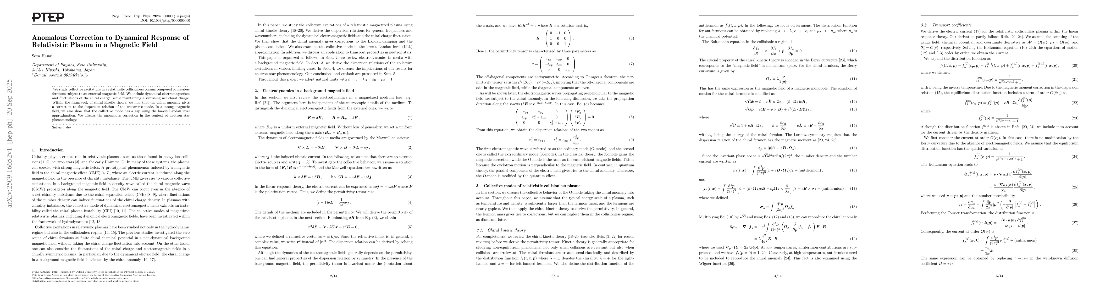 Thumbnail for Anomalous Correction to Dynamical Response of Relativistic Plasma in a
  Magnetic Field