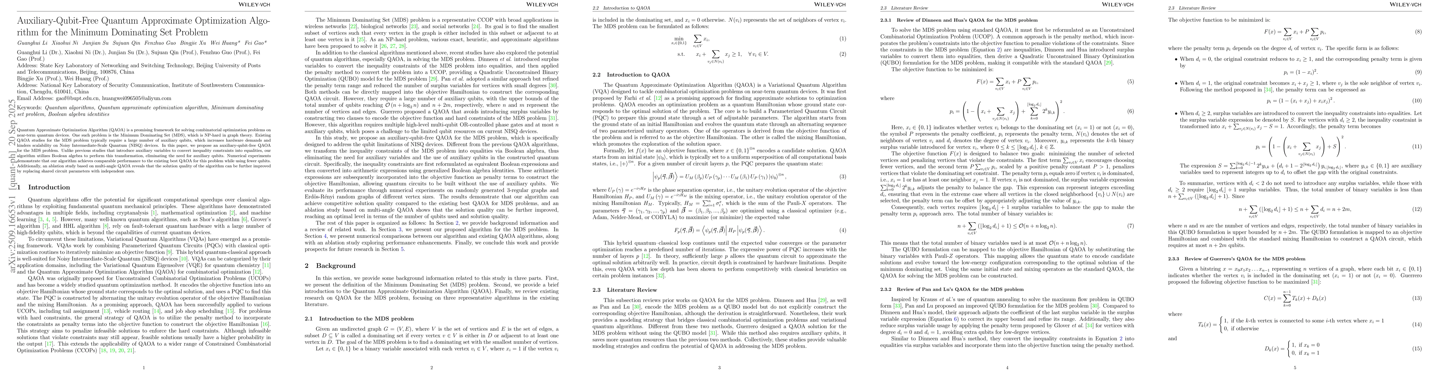 Thumbnail for Auxiliary-Qubit-Free Quantum Approximate Optimization Algorithm for the
  Minimum Dominating Set Problem
