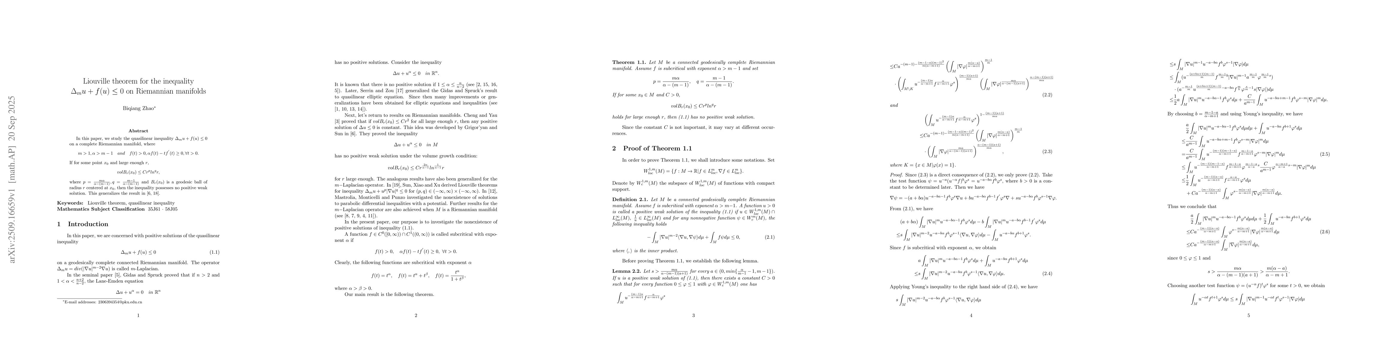 Thumbnail for Liouville theorem for the inequality $Δ_m u+f(u)\leq 0$ on
  Riemannian manifolds