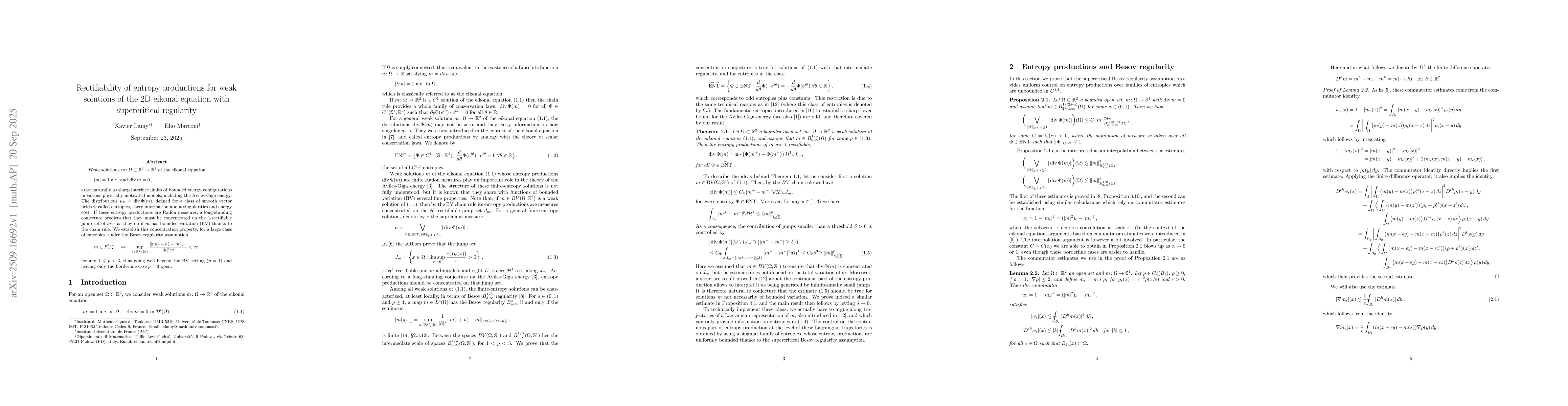 Thumbnail for Rectifiability of entropy productions for weak solutions of the 2D
  eikonal equation with supercritical regularity