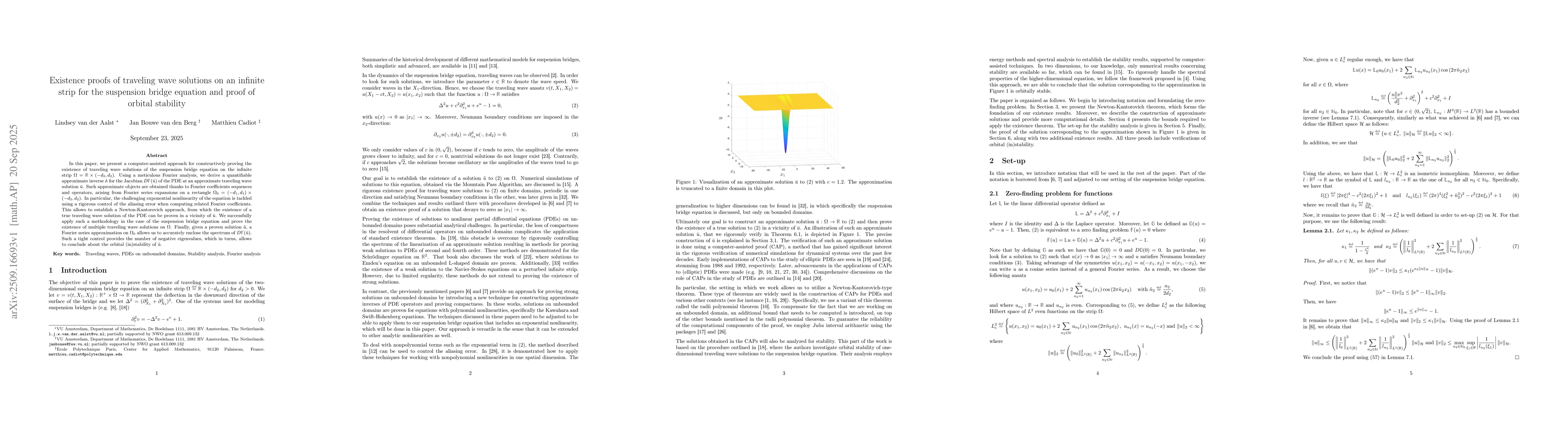 Thumbnail for Existence proofs of traveling wave solutions on an infinite strip for
  the suspension bridge equation and proof of orbital stability