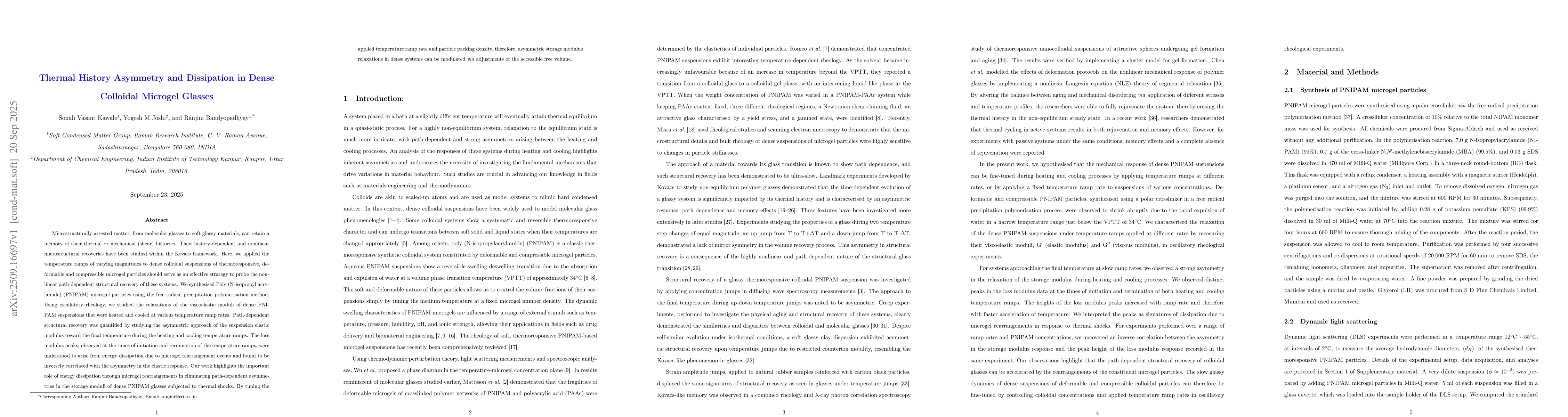 Thumbnail for Thermal History Asymmetry and Dissipation in Dense Colloidal Microgel
  Glasses