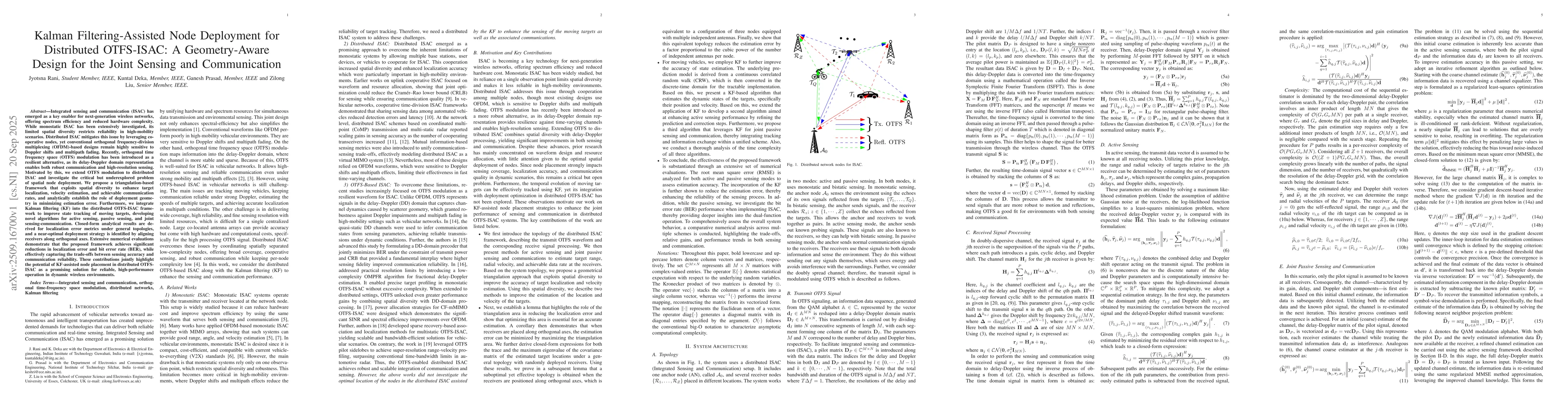 Thumbnail for Kalman Filtering-Assisted Node Deployment for Distributed OTFS-ISAC: A
  Geometry-Aware Design for the Joint Sensing and Communication