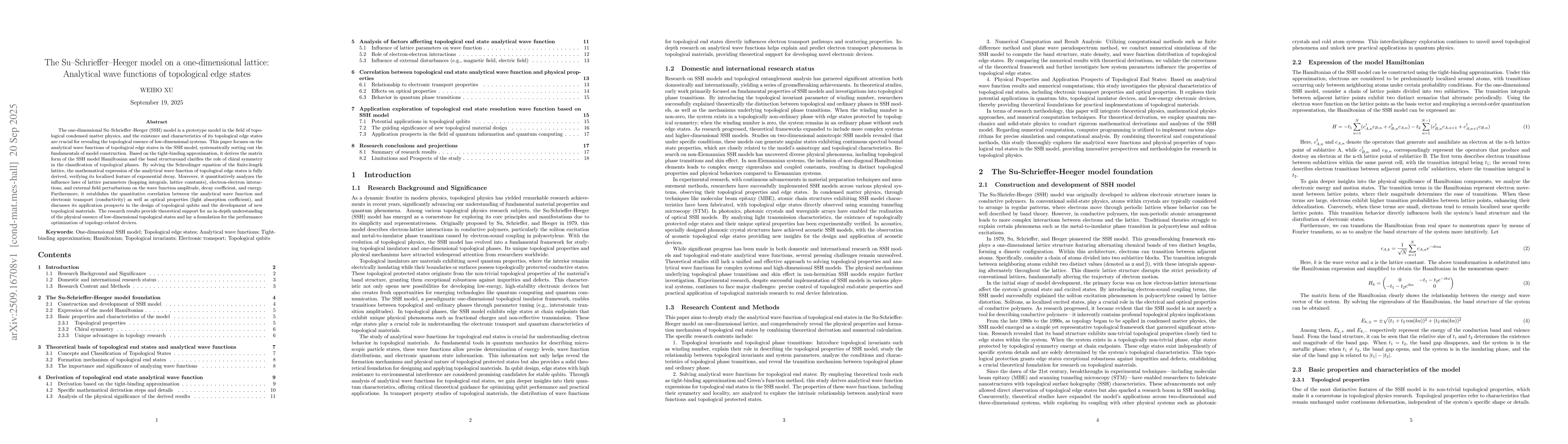 Thumbnail for The Su-Schrieffer-Heeger model on a one-dimensional lattice: Analytical
  wave functions of topological edge states