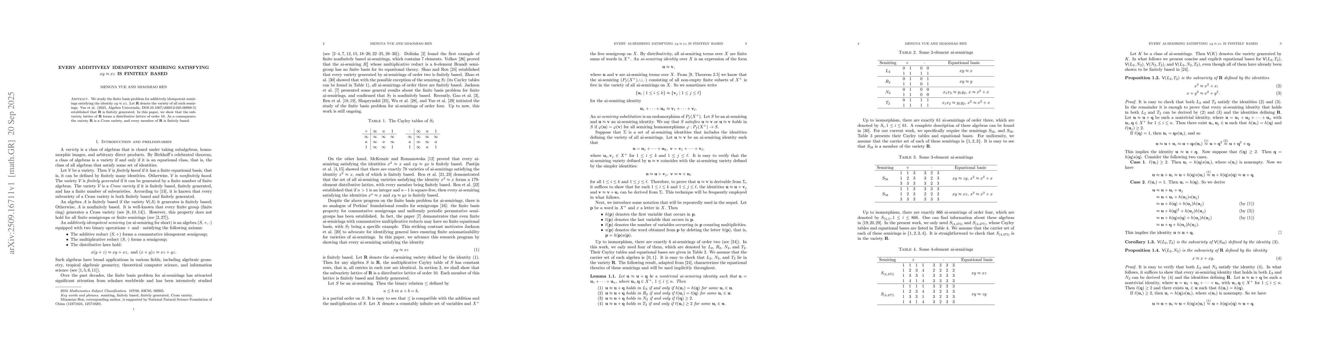 Thumbnail for Every additively idempotent semiring satisfying $xy\approx xz$ is
  finitely based