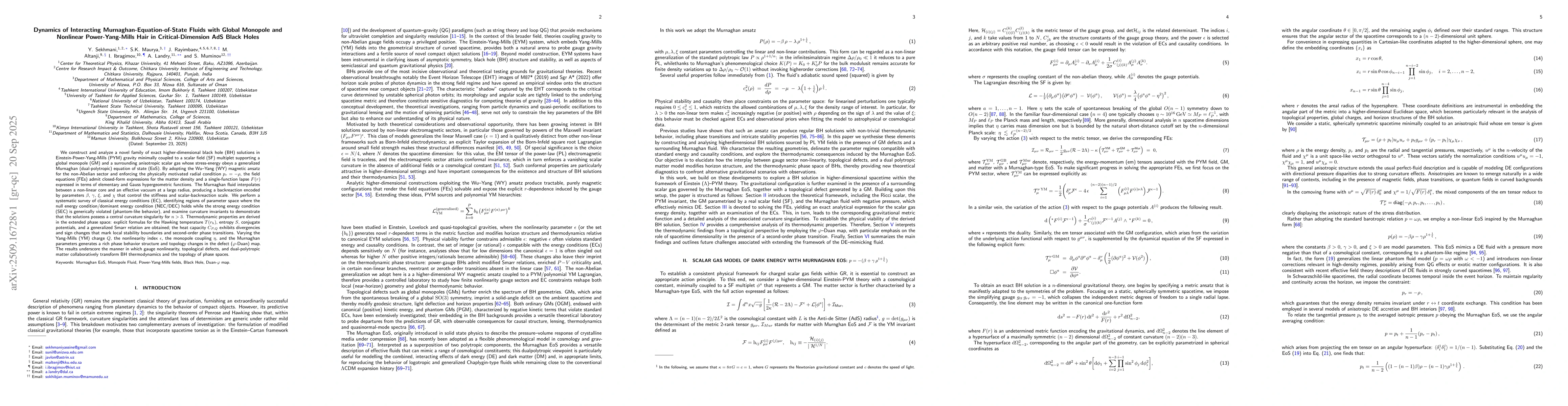 Thumbnail for Dynamics of Interacting Murnaghan-Equation-of-State Fluids with Global
  Monopole and Nonlinear Power-Yang-Mills Hair in Critical-Dimension AdS Black
  Holes