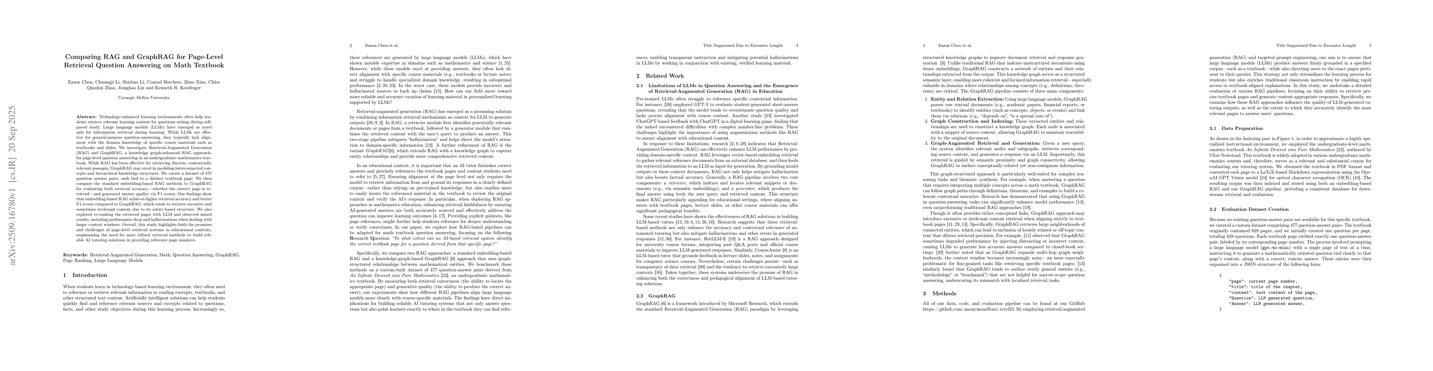 Thumbnail for Comparing RAG and GraphRAG for Page-Level Retrieval Question Answering
  on Math Textbook