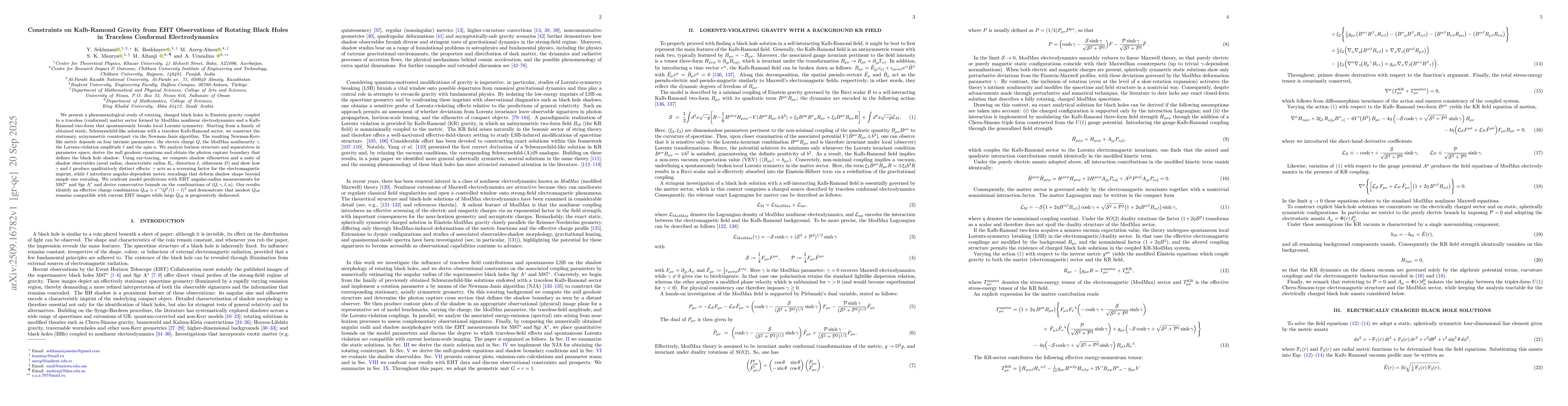 Thumbnail for Constraints on Kalb-Ramond Gravity from EHT Observations of Rotating
  Black Holes in Traceless Conformal Electrodynamics