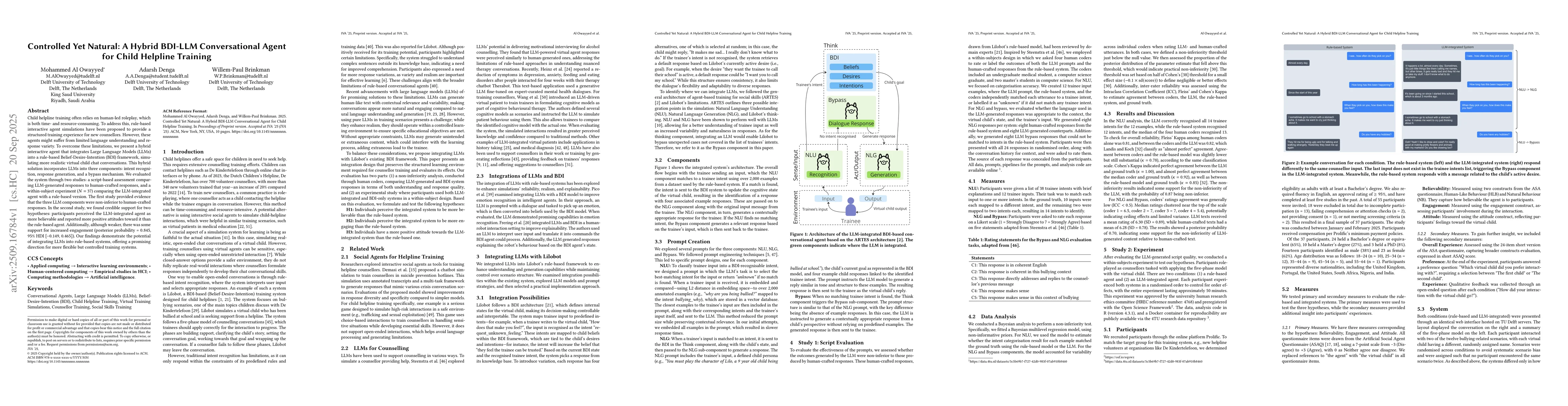 Thumbnail for Controlled Yet Natural: A Hybrid BDI-LLM Conversational Agent for Child
  Helpline Training