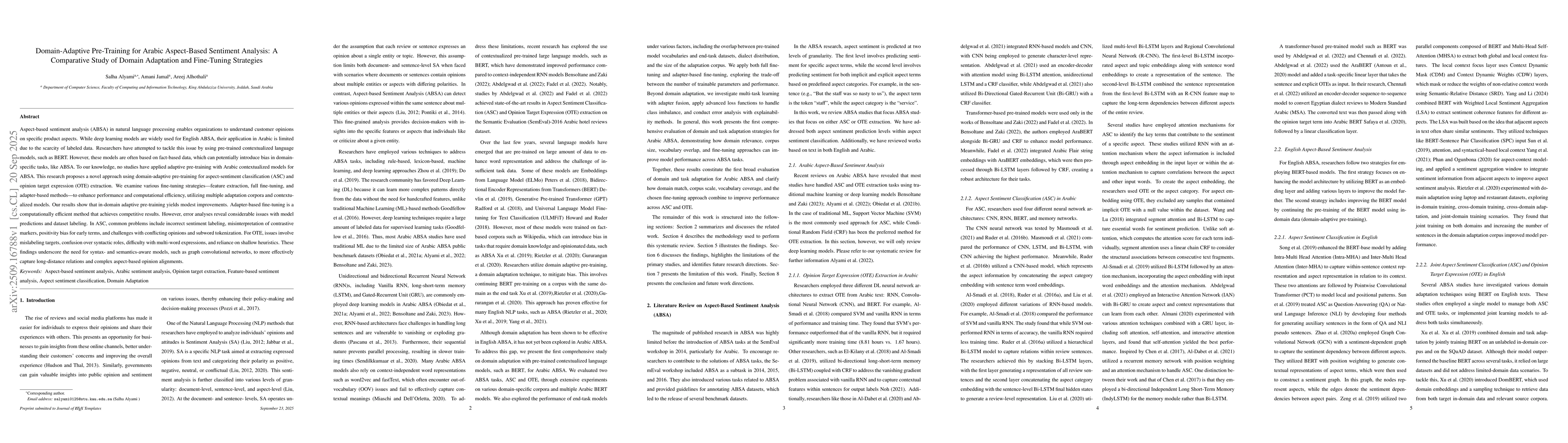 Thumbnail for Domain-Adaptive Pre-Training for Arabic Aspect-Based Sentiment Analysis:
  A Comparative Study of Domain Adaptation and Fine-Tuning Strategies