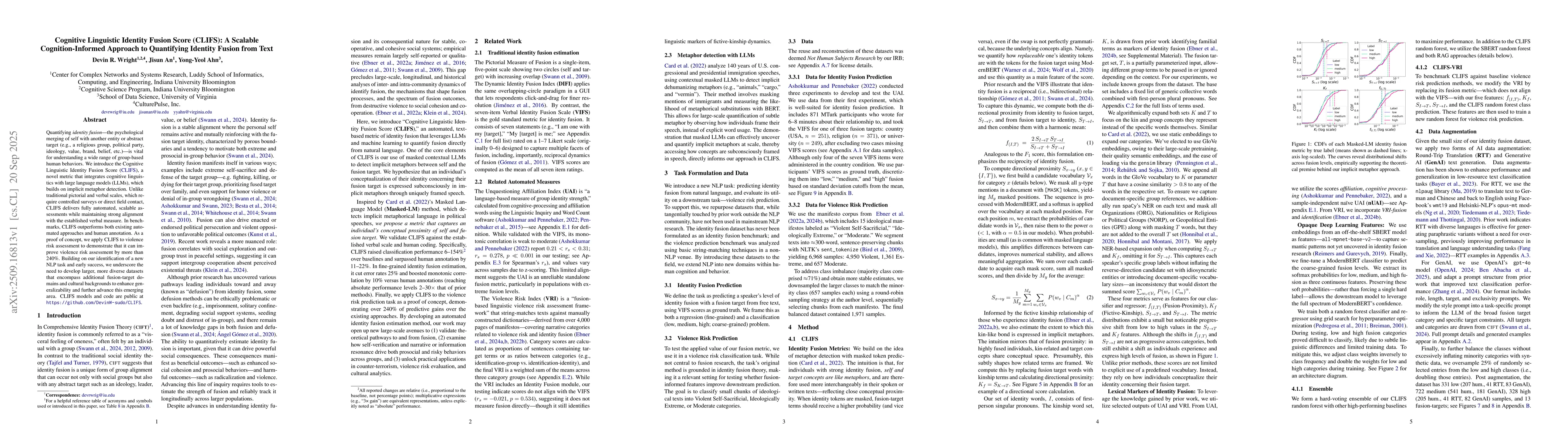 Thumbnail for Cognitive Linguistic Identity Fusion Score (CLIFS): A Scalable
  Cognition-Informed Approach to Quantifying Identity Fusion from Text