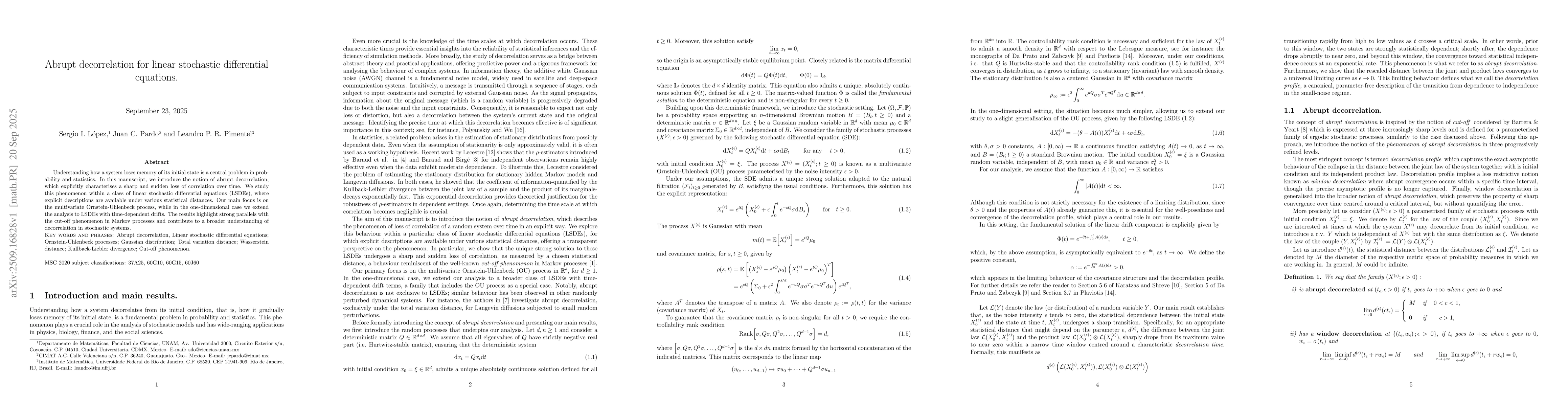 Thumbnail for Abrupt decorrelation for linear stochastic differential equations