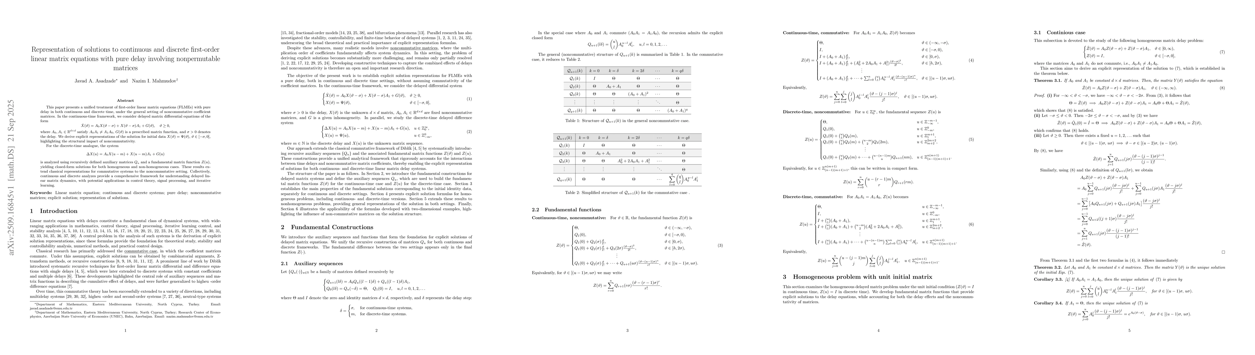 Thumbnail for Representation of solutions to continuous and discrete first-order
  linear matrix equations with pure delay involving nonpermutable matrices