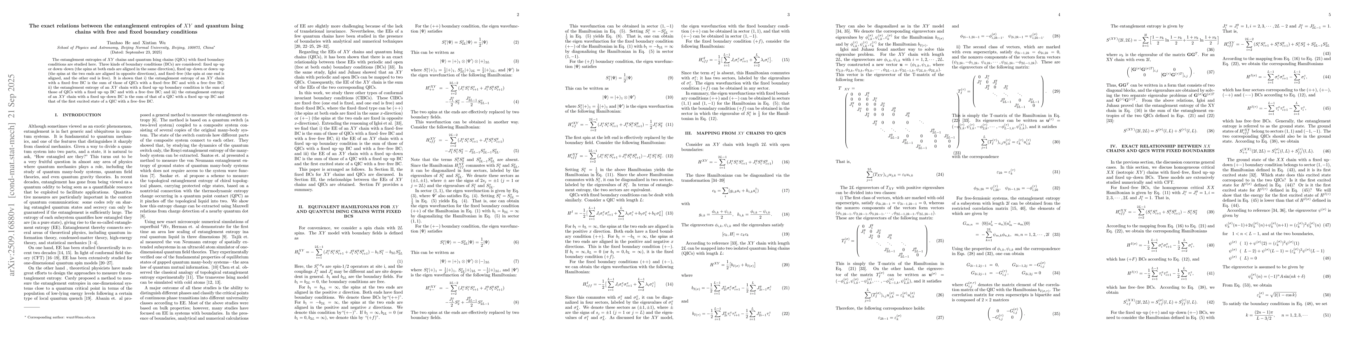 Thumbnail for The exact relation between the entanglement entropies of the $XY$ and
  quantum Ising chains with free and fixed boundary conditions